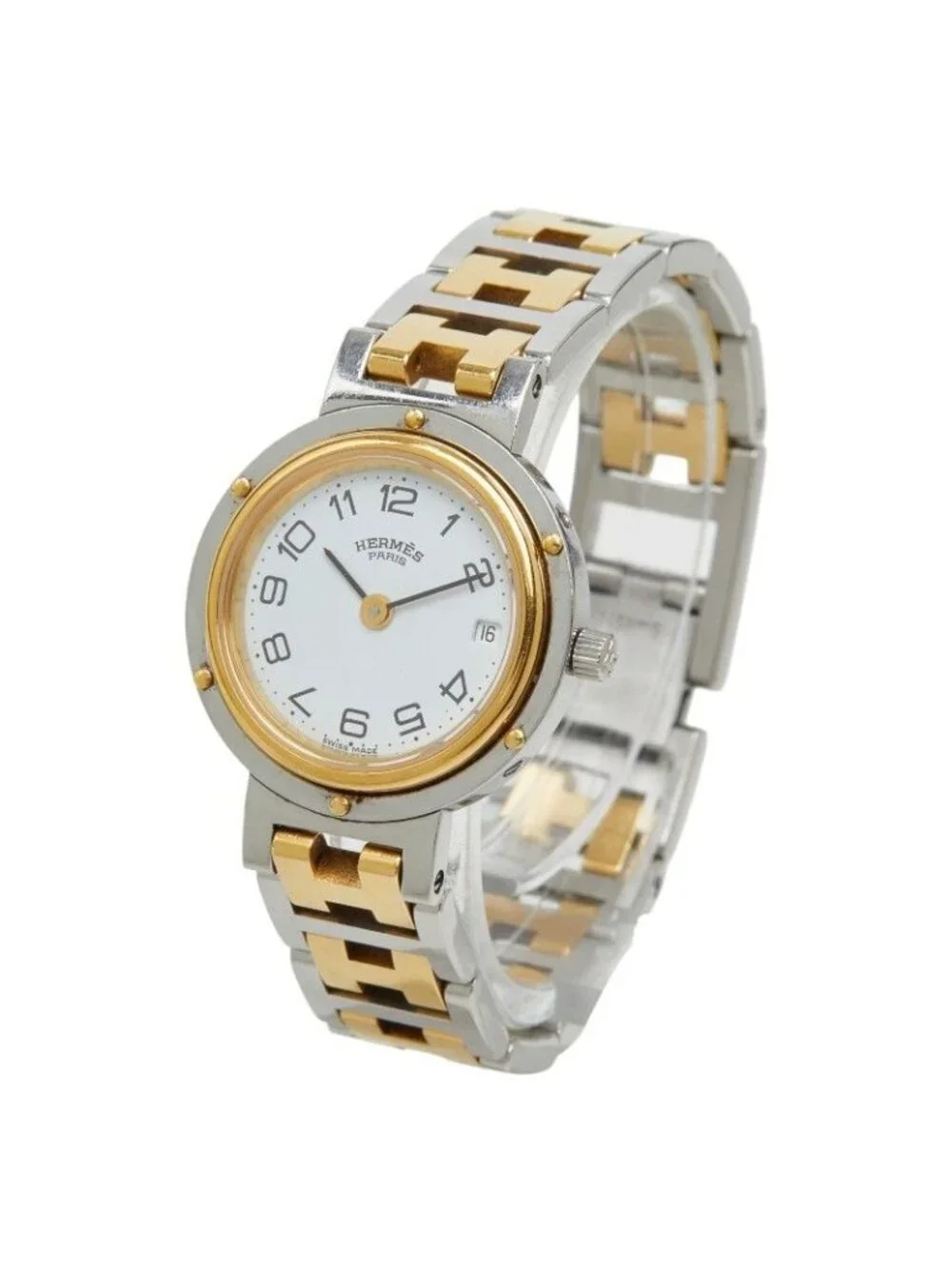 Hermes Clipper Watch White Silver Gold Stainless Steel